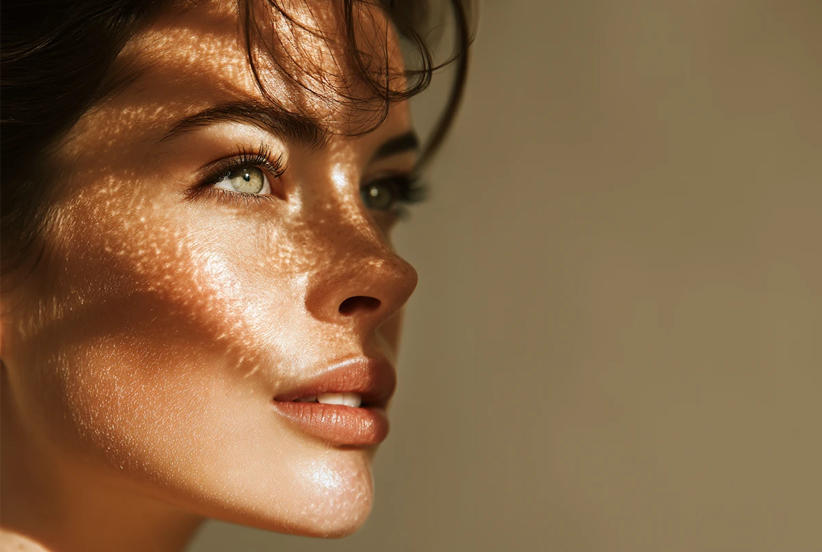 Close-up of a person's face with soft lighting and shadows across the skin