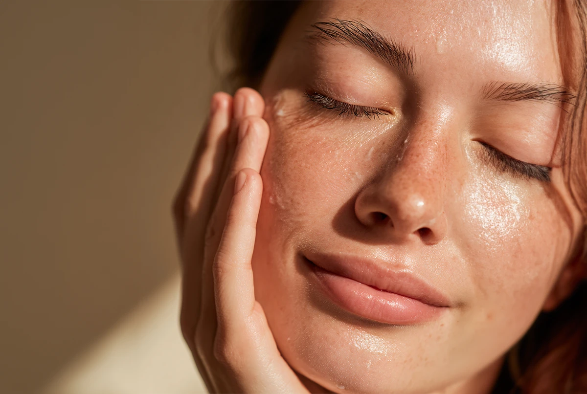 Close-up of a person gently applying cream to their face, eyes closed, smiling