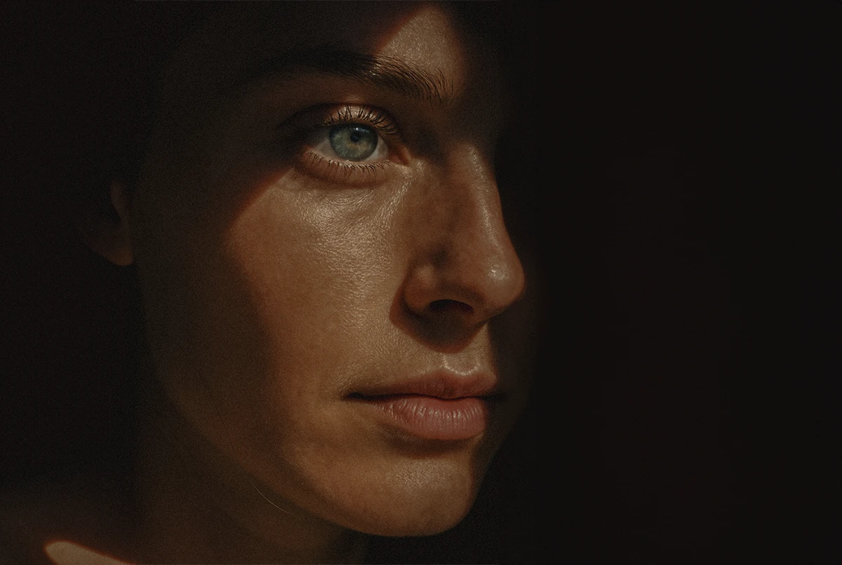 Close-up of a person's face with blue eyes, partially shadowed