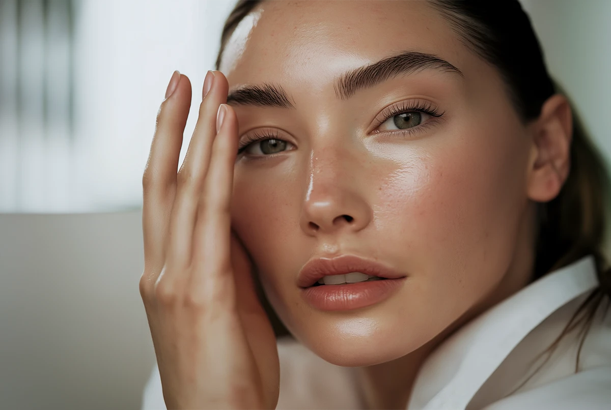 Close-up of a person’s face with light skin, straight brown hair, and neutral expression