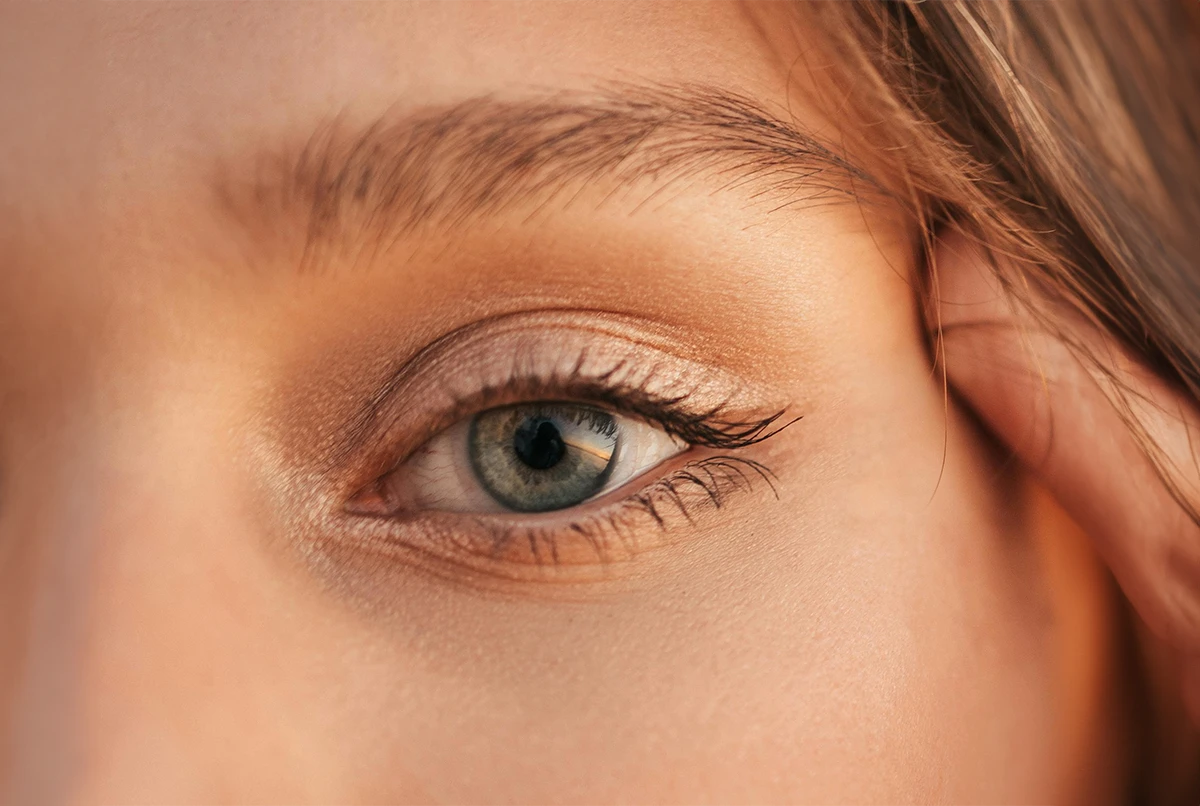 Close-up of a person's eye with light brown makeup and long eyelashes