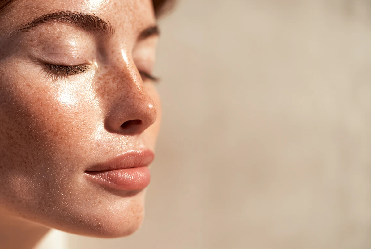 Profile of a woman with freckles, eyes closed and soft lips, against a neutral background