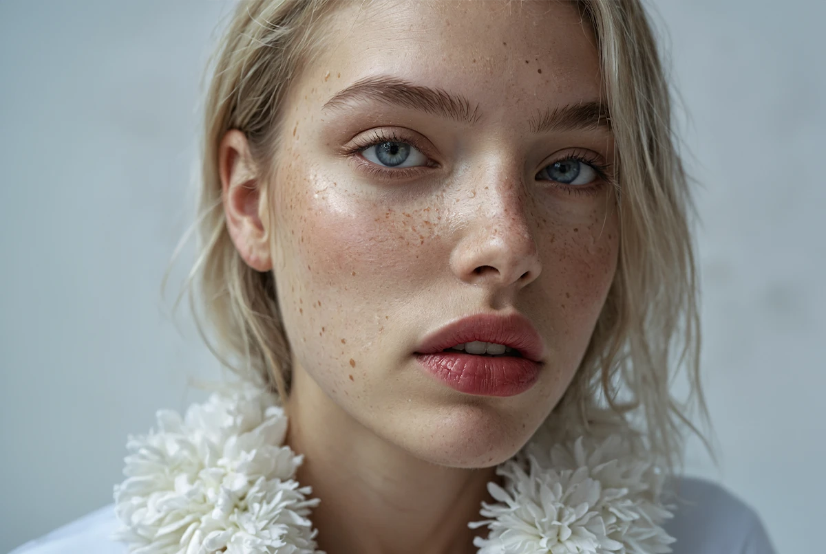 Close-up portrait of a person with light hair, blue eyes, and freckles. White floral collar
