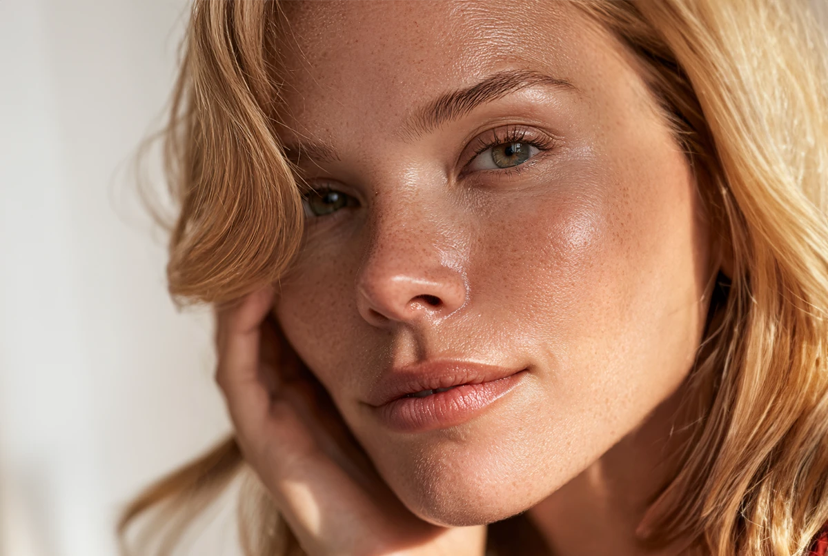 Close-up of a woman with light brown hair and freckles, resting her hand on her face