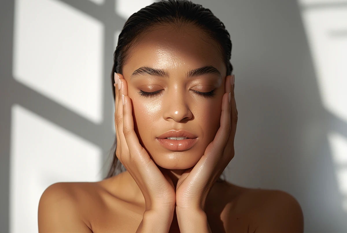 A person with closed eyes holds their face with both hands, illuminated by soft light