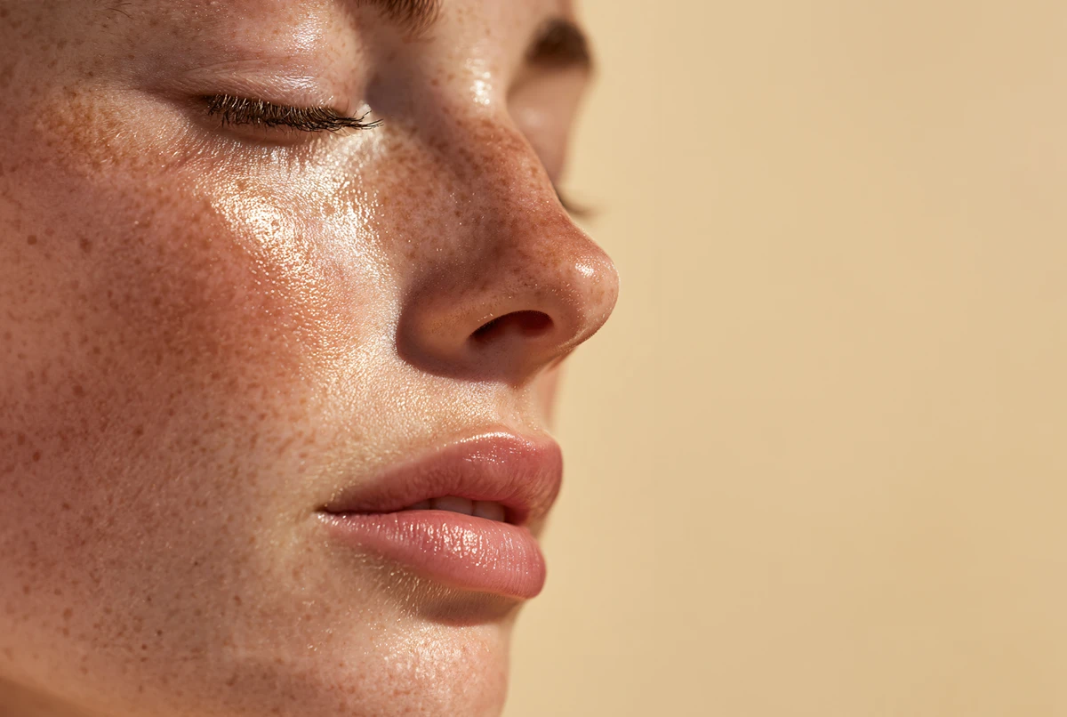 Close-up of a woman's face with freckles, closed eyes, and smooth skin