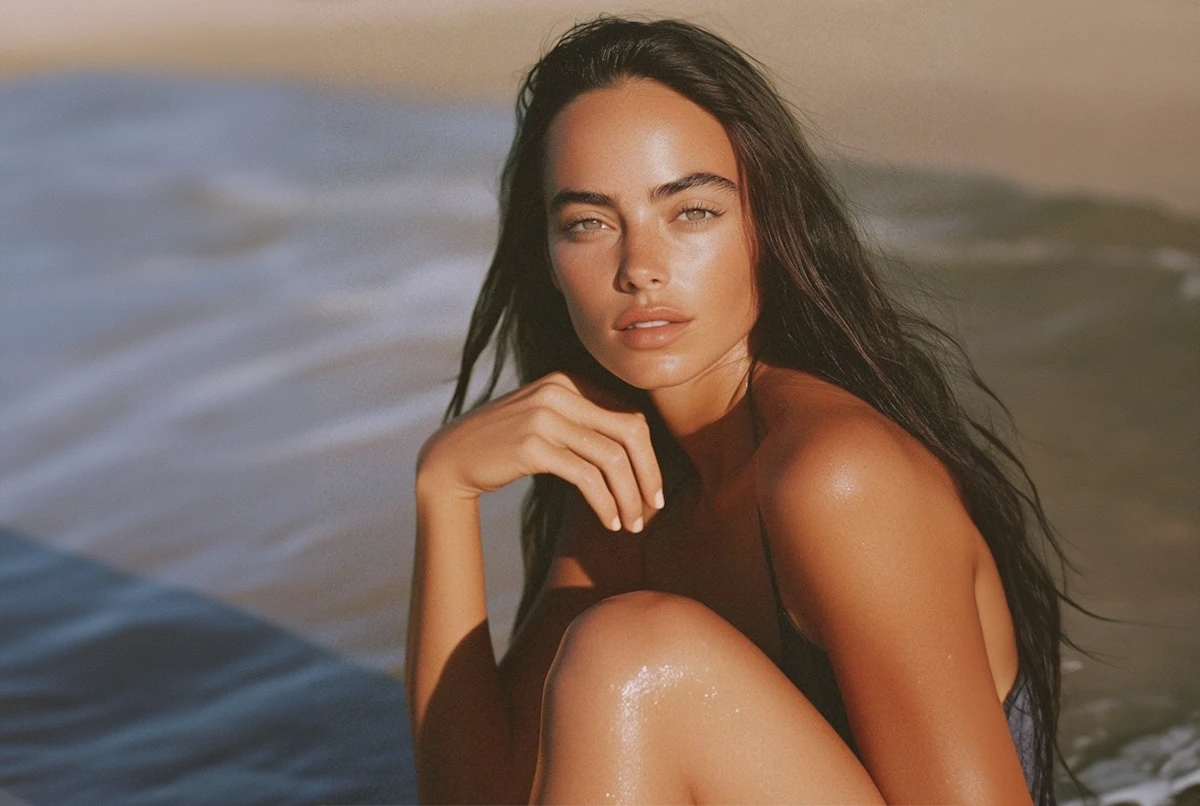 A person with long dark hair poses by the water, resting a hand on their chin