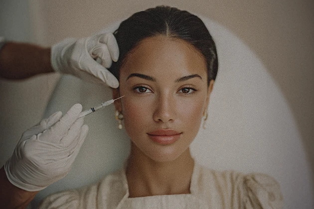 A person receiving an injection while seated, with a gloved hand administering the treatment