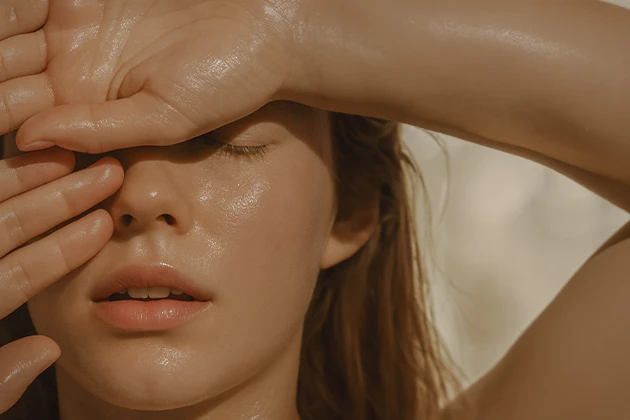 Close-up of a person’s face, with one hand covering their eyes, looking serene. Skin appears glossy