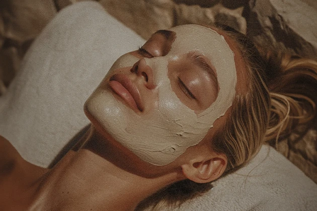 A person with a facial mask lies on a towel, eyes closed, in a relaxed position