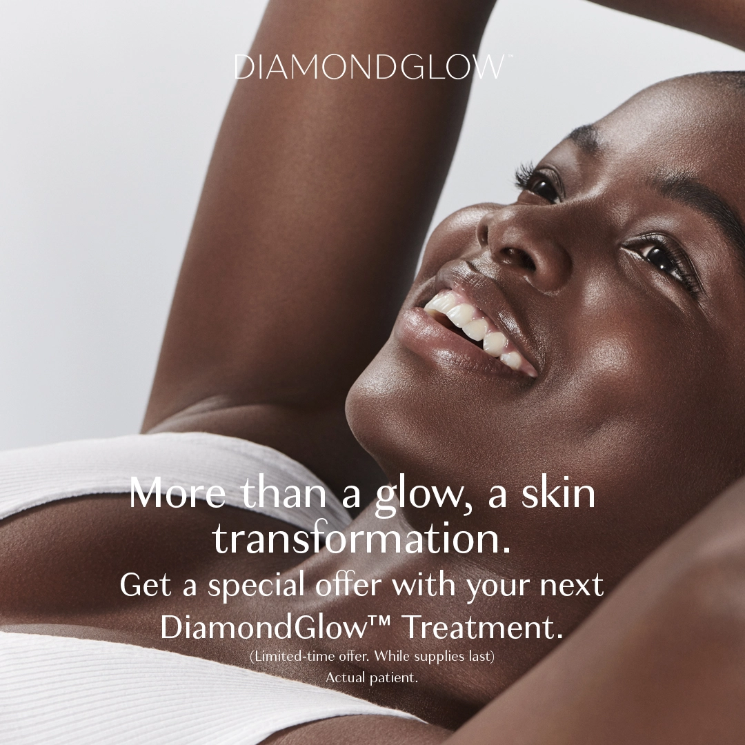 Smiling person with dark skin lying back, promotional text about skin treatment above