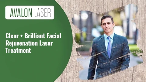 A man in a suit stands outdoors next to text about facial rejuvenation laser treatment