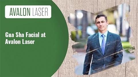Text promoting Gua Sha Facial next to an image of a man in a suit outdoors