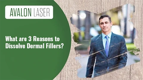 Text on image prompts reasons to dissolve dermal fillers, with a man in business attire
