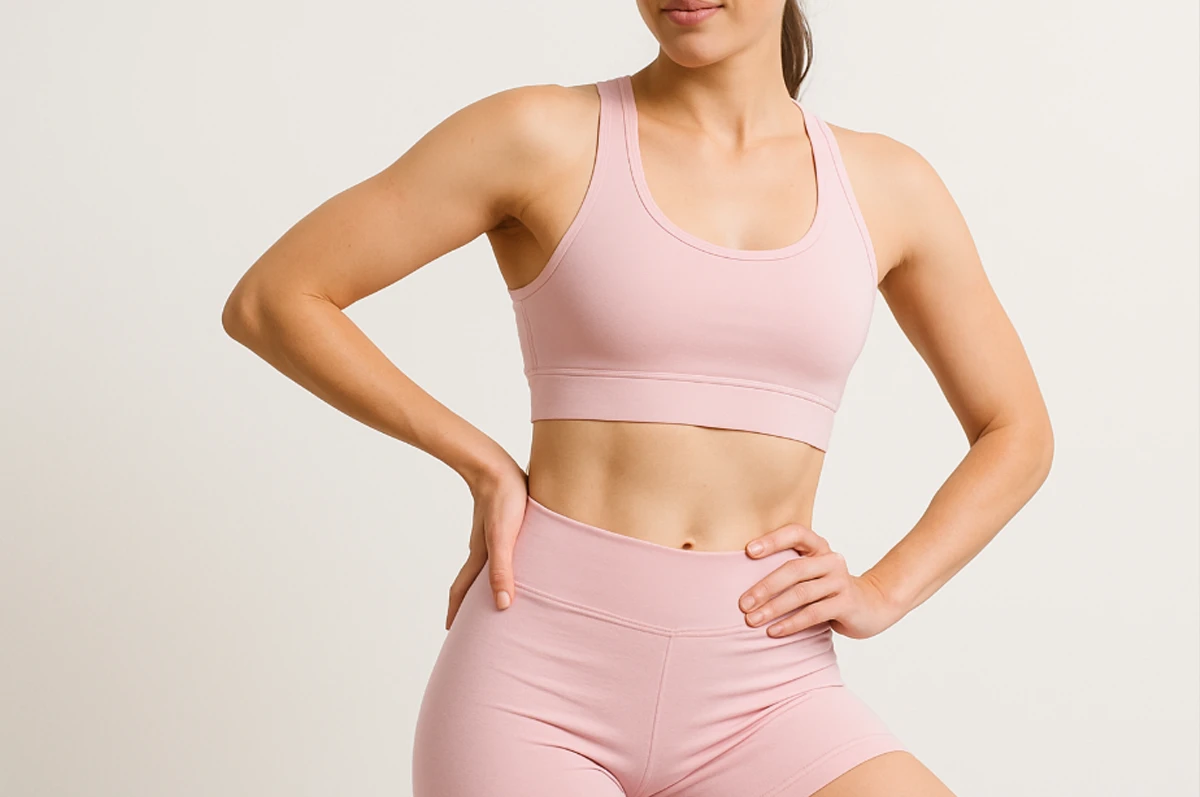 A person wearing a pink sports bra and high-waisted shorts, posing with hands on hips