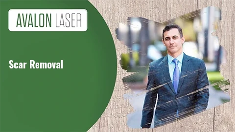 Portrait of a man in a suit, with text about scar removal on a green background