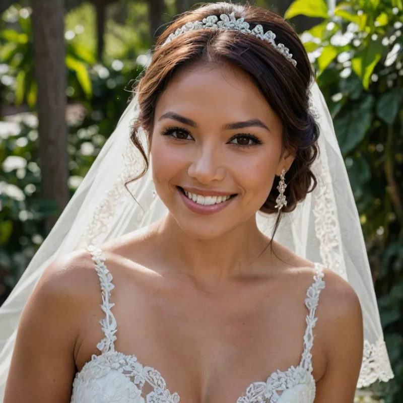 Smiling woman in a wedding dress with a veil and headpiece, surrounded by greenery