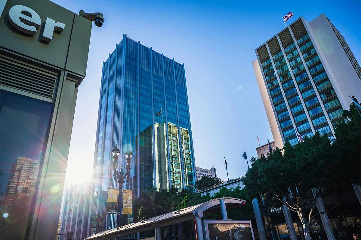 View of two tall buildings against a blue sky with sunlight shining. Green trees in foreground