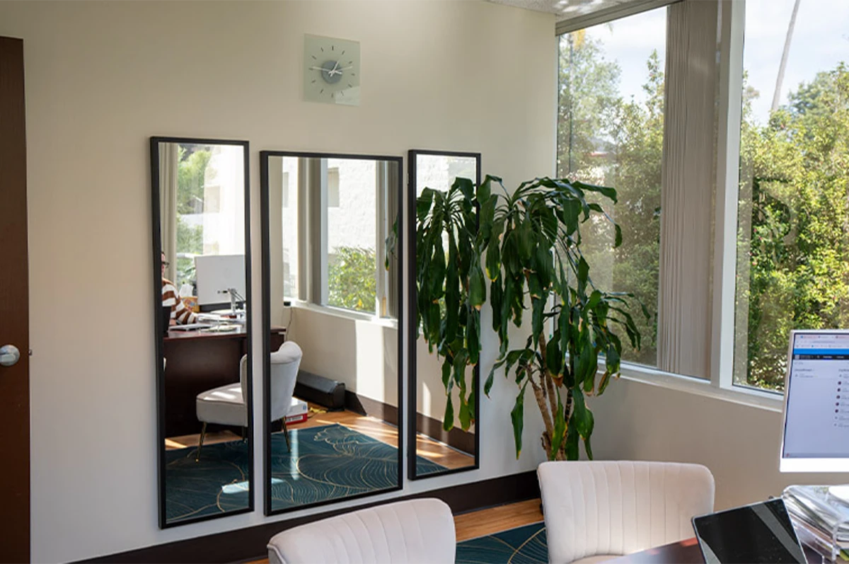 Office space with three mirrors, a green plant, and a chair by a window
