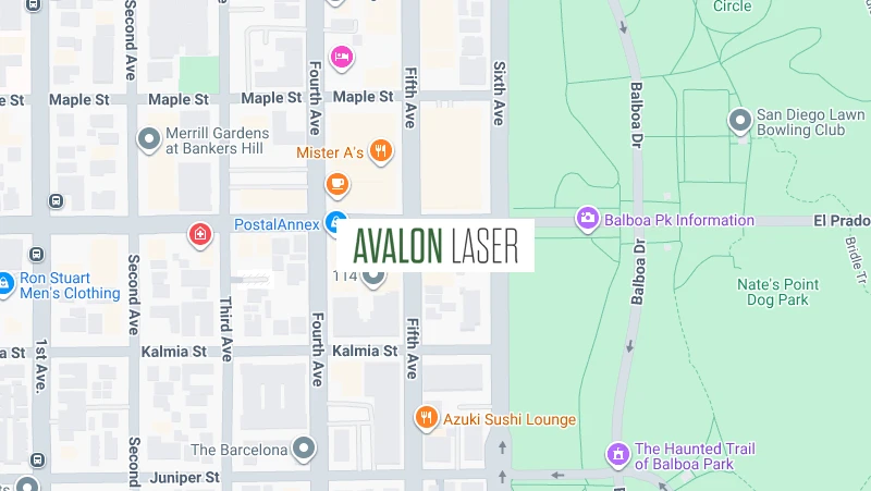 Map showing streets, locations, and a marker labeled "Avalon Laser."