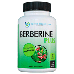 White bottle with a black lid labeled "Berberine Plus" and green botanical graphics