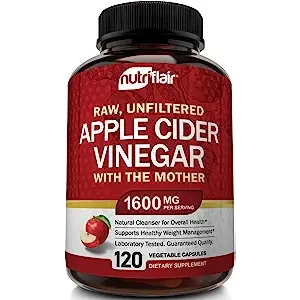 Bottle of apple cider vinegar capsules with red label, containing 120 capsules