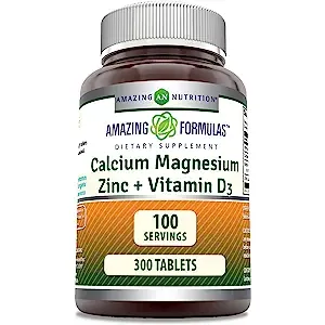 Brown bottle of calcium, magnesium, zinc, and vitamin D3 dietary supplement, 300 tablets