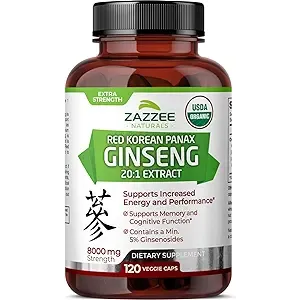 Brown bottle of red Korean Panax ginseng extract dietary supplement, 120 veggie caps