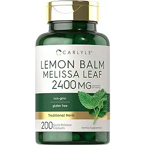 Green bottle of lemon balm supplement with 2400 mg, containing 200 capsules