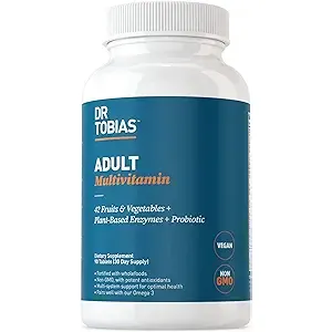 White bottle of multivitamins with a blue label, containing dietary supplement information