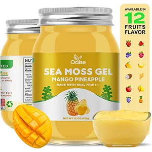 Jar of mango pineapple sea moss gel with a scoop and fruit flavor options
