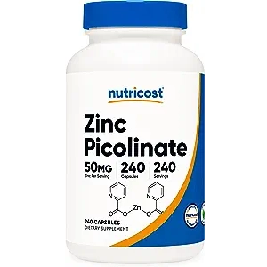 Bottle of Zinc Picolinate capsules, 50 mg, 240 capsules per container