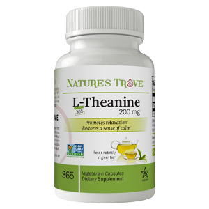Bottle of L-Theanine 200 mg dietary supplement with a green and white label