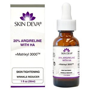 Brown glass bottle with dropper next to a product box labeled "20% Argireline with HA."