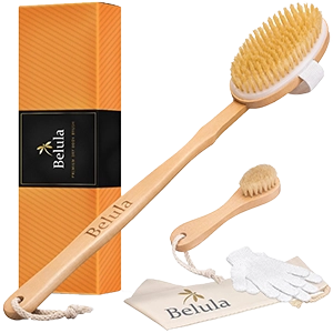 Three-piece body care set with a long-handled brush, small brush, and gloves in a box