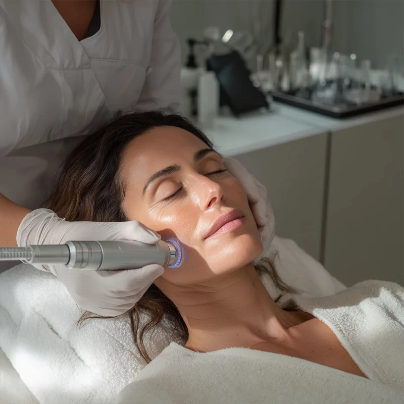 A person receiving a facial treatment with a handheld device in a clinic setting