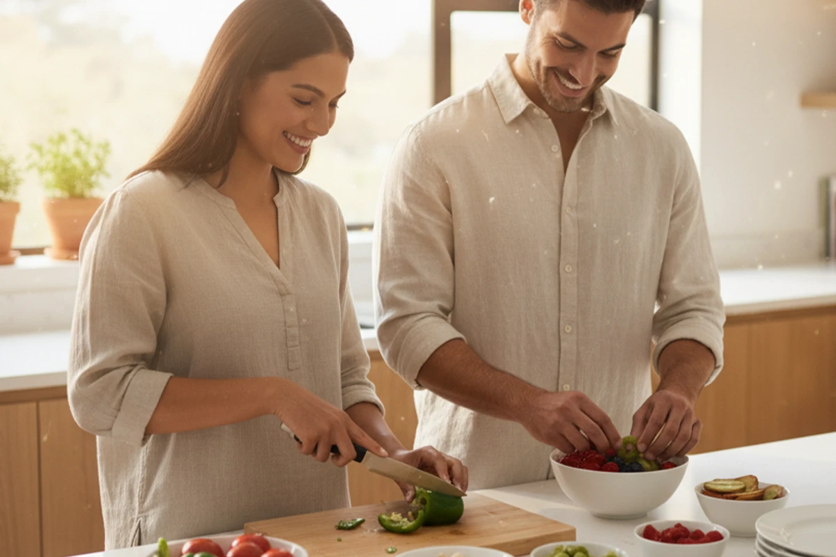 A woman chops a pepper while a man prepares fruit in a kitchen
