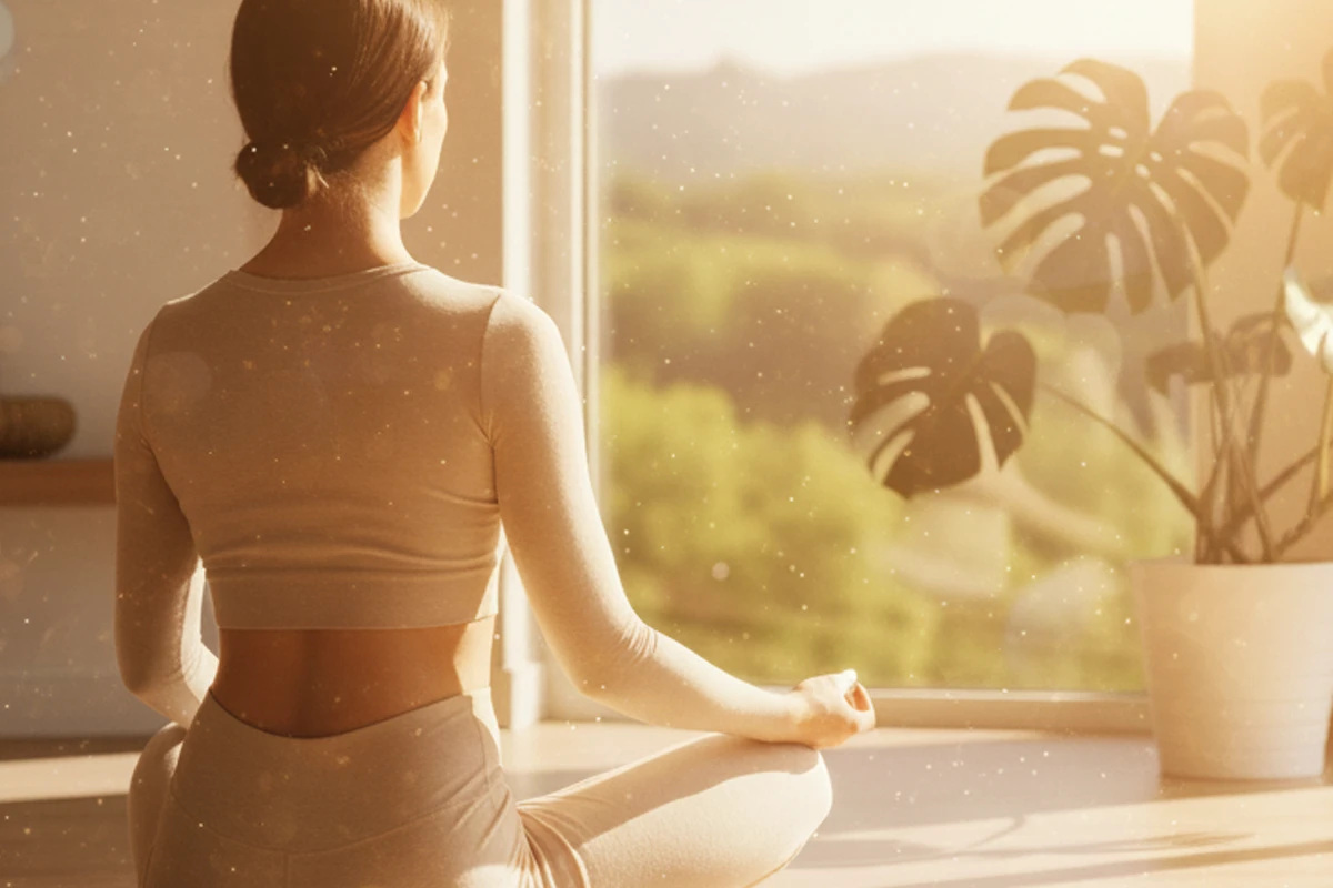 Person sitting cross-legged in front of a window, practicing meditation