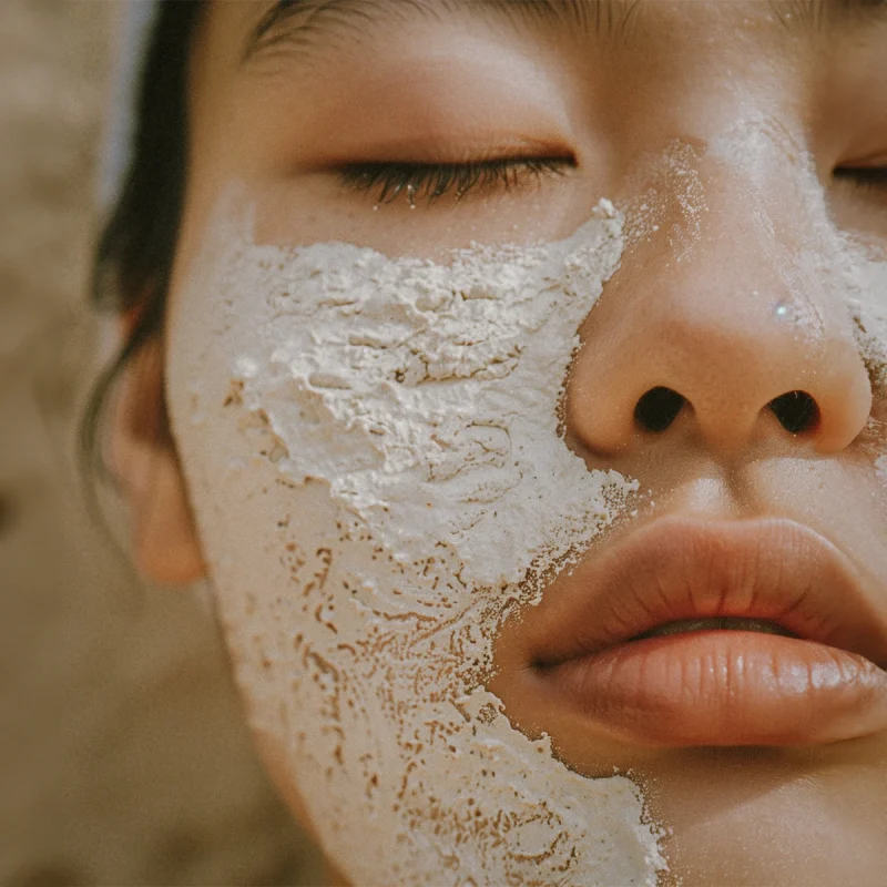 Close-up of a face with a facial mask applied, eyes closed and lips slightly parted