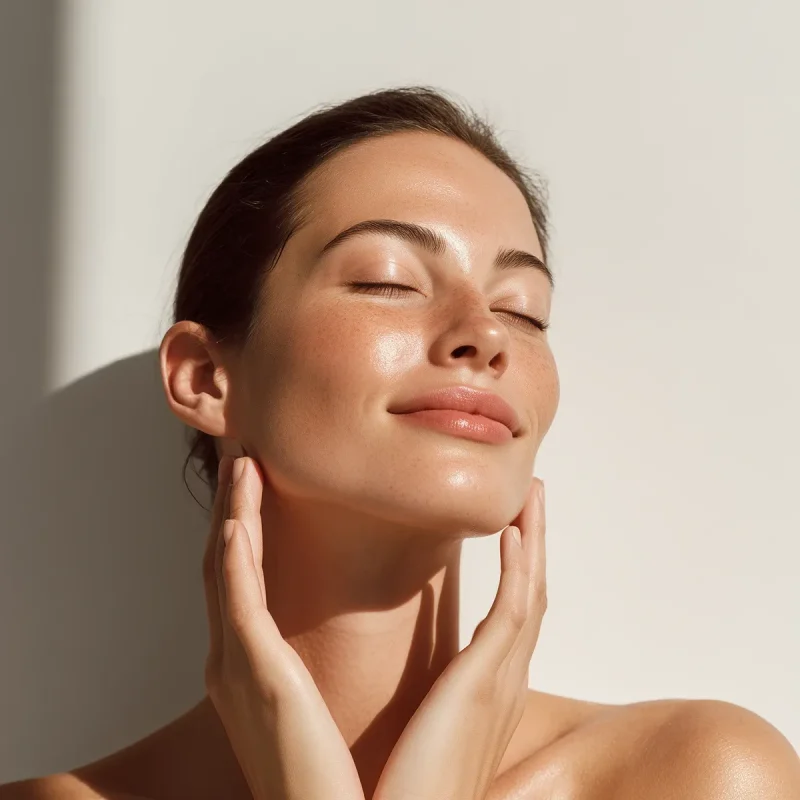 A woman with closed eyes gently touches her face, smiling in soft light